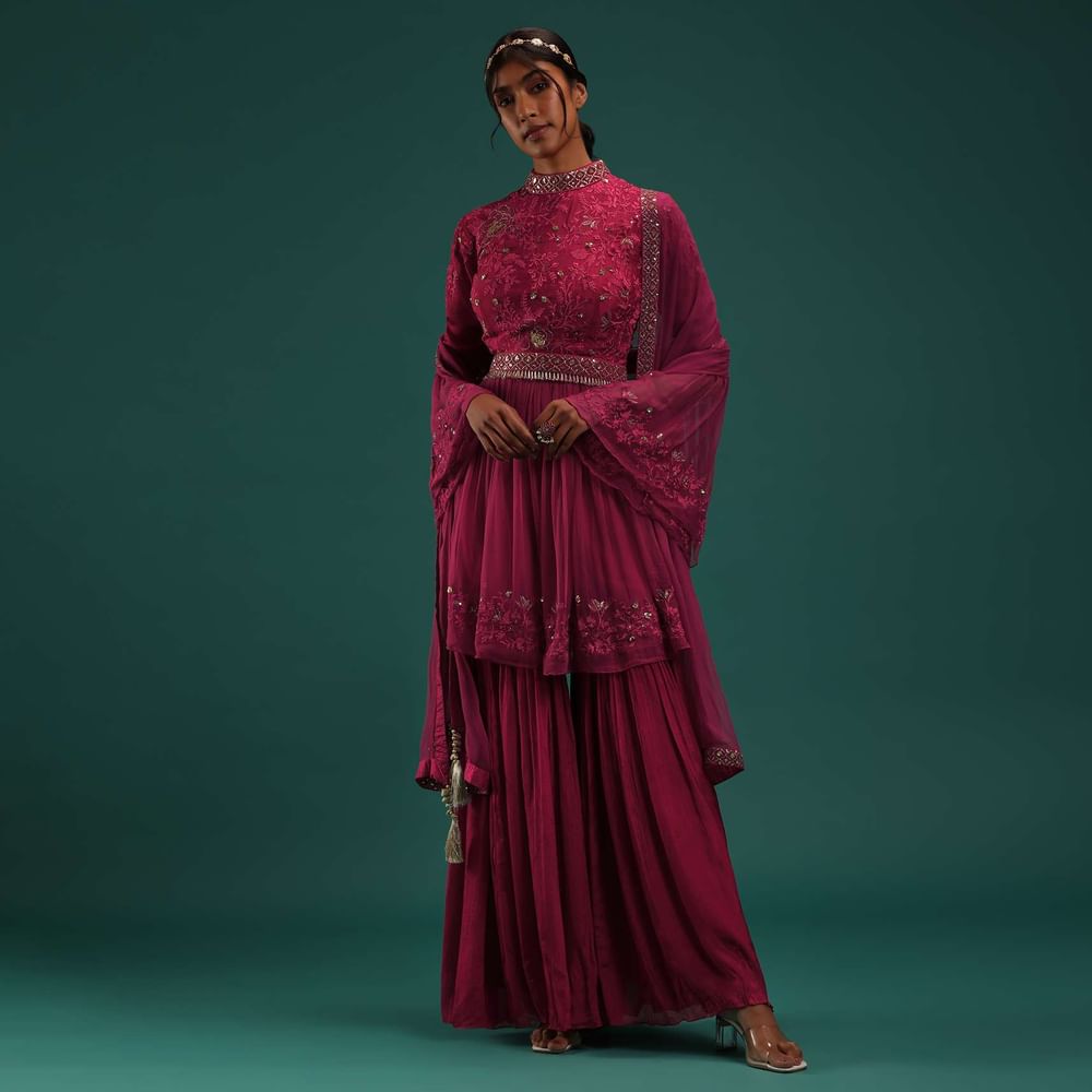 Fuchsia Pink Peplum Top And Sharara Set With Zari Work