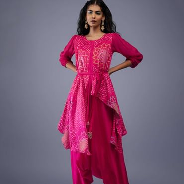 Fuschia Pink Gajji Silk Attached Shrug With Silk Jumpsuit
