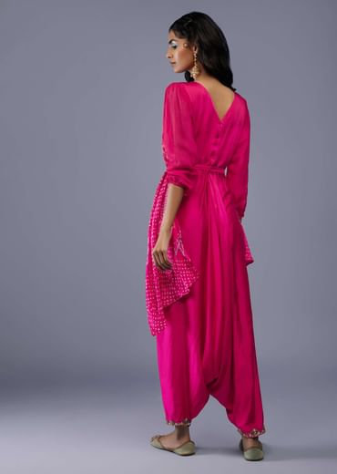 Fuschia Pink Gajji Silk Attached Shrug With Silk Jumpsuit
