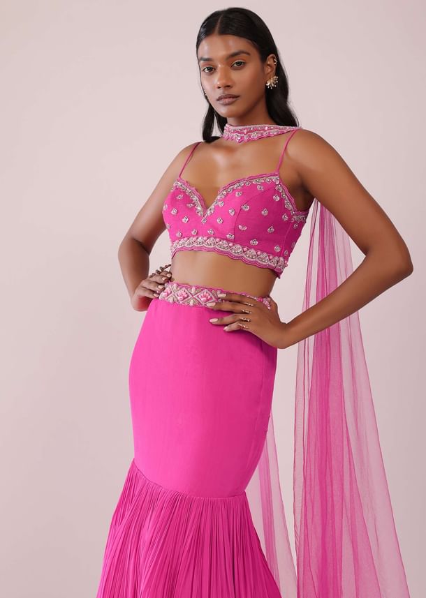 Fuschia Pink Lehenga And Hand Embroidered Blouse Set In Crepe Fuschia Pink Lehenga And Hand Embroidered Blouse Set In Crepe