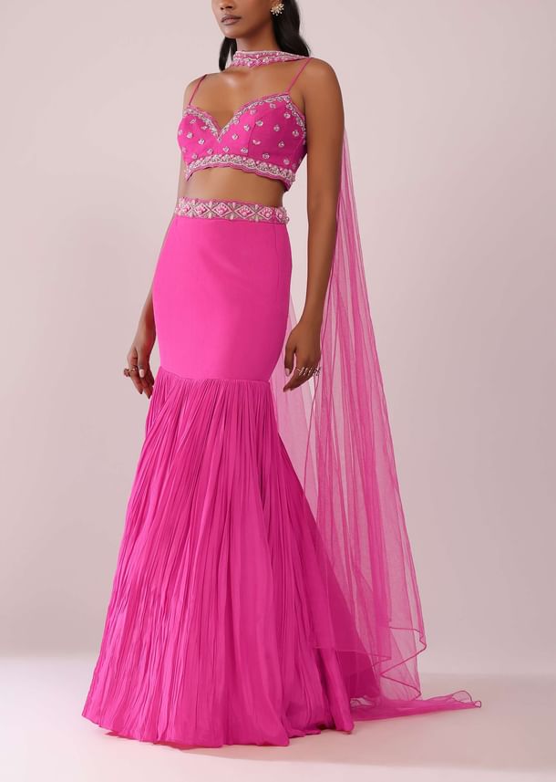 Fuschia Pink Lehenga And Hand Embroidered Blouse Set In Crepe Fuschia Pink Lehenga And Hand Embroidered Blouse Set In Crepe