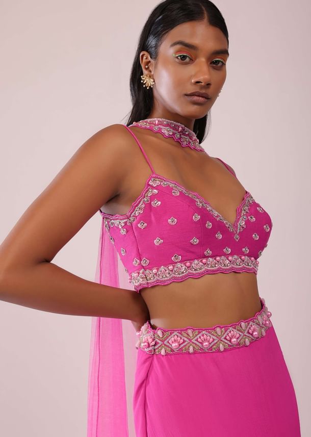 Fuschia Pink Lehenga And Hand Embroidered Blouse Set In Crepe Fuschia Pink Lehenga And Hand Embroidered Blouse Set In Crepe