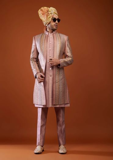 Onion Pink Silk Embroidered Sherwani Set