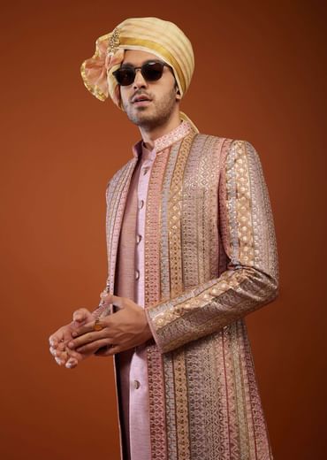 Onion Pink Silk Embroidered Sherwani Set