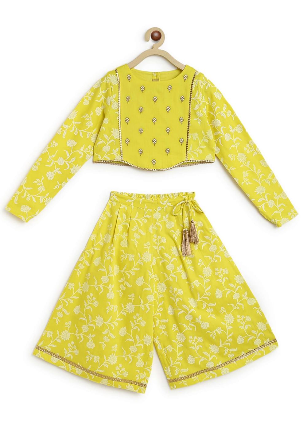 Kalki Girls Combo Of Canary Yellow Embroidered Cord Set And Gold Printed Bow Hairclip