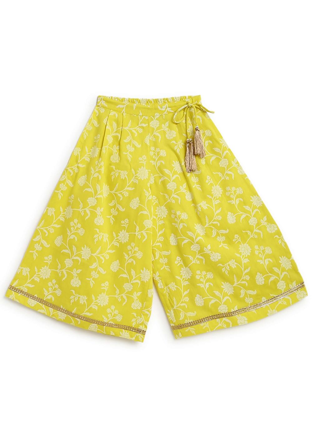 Kalki Girls Combo Of Canary Yellow Embroidered Cord Set And Gold Printed Bow Hairclip