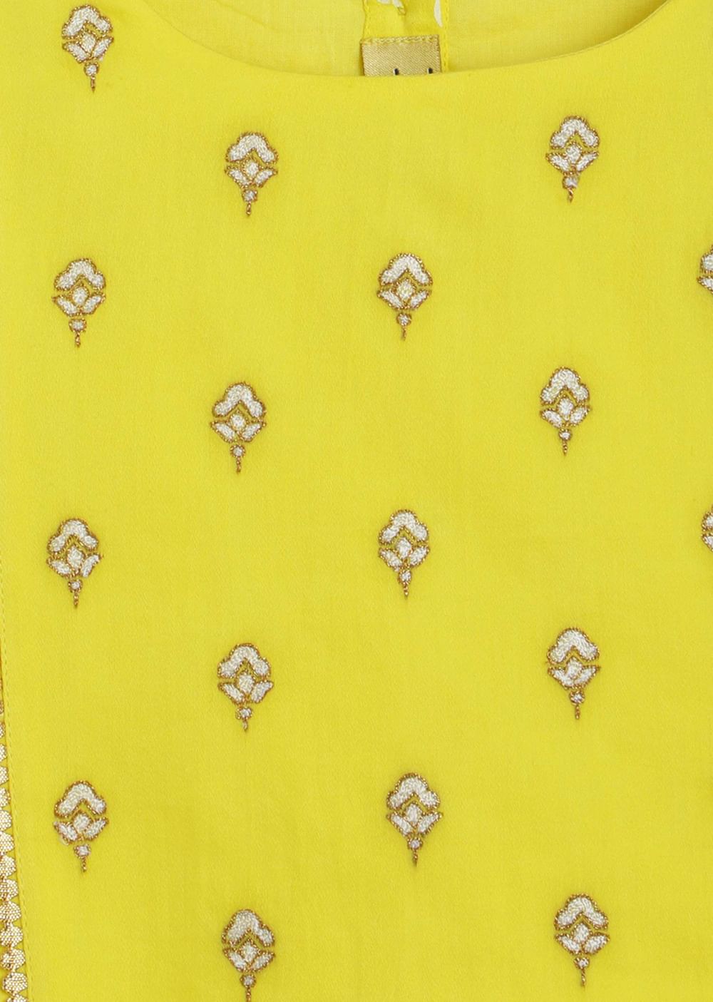 Kalki Girls Combo Of Canary Yellow Embroidered Cord Set And Gold Printed Bow Hairclip