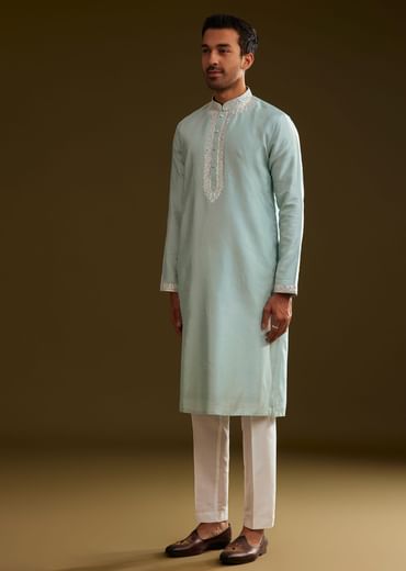 Glacier Blue Silk Kurta Set With Yoke Embroidery