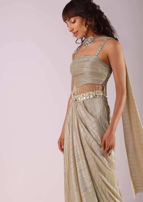 Glam Gold Pleated Skirt And Top With Embroidered Choker Dupatta Glam Gold Pleated Skirt And Top With Embroidered Choker Dupatta