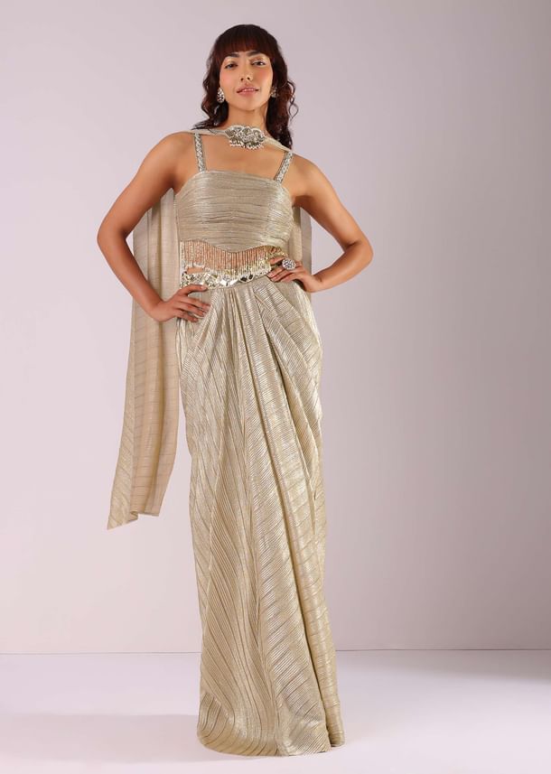 Glam Gold Pleated Skirt And Top With Embroidered Choker Dupatta Glam Gold Pleated Skirt And Top With Embroidered Choker Dupatta