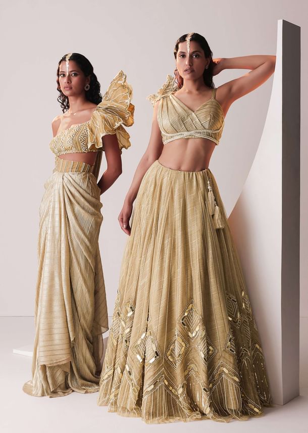 Glam Gold Embroidered Lehenga Set In Knit Stretchable Fabric