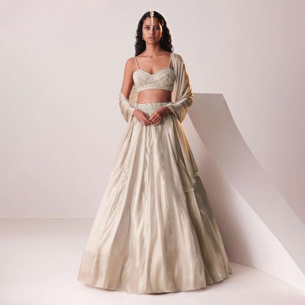 Glam Silver Embroidered Lehenga Set In Organza Glam Silver Embroidered Lehenga Set In Organza