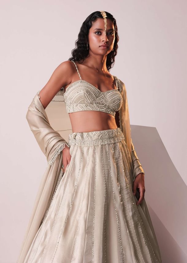 Glam Silver Embroidered Lehenga Set In Organza Glam Silver Embroidered Lehenga Set In Organza
