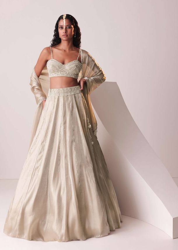 Glam Silver Embroidered Lehenga Set In Organza Glam Silver Embroidered Lehenga Set In Organza