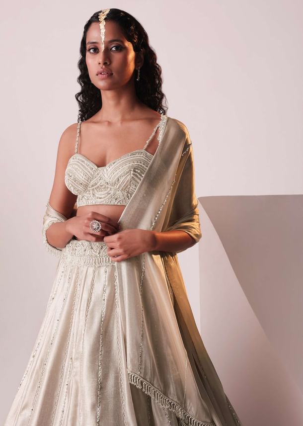 Glam Silver Embroidered Lehenga Set In Organza Glam Silver Embroidered Lehenga Set In Organza