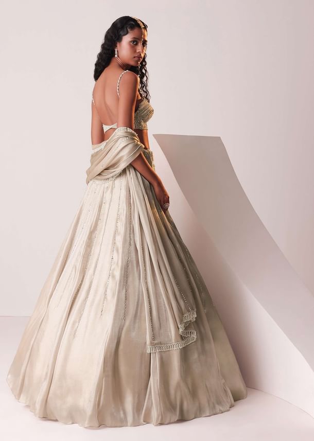 Glam Silver Embroidered Lehenga Set In Organza Glam Silver Embroidered Lehenga Set In Organza