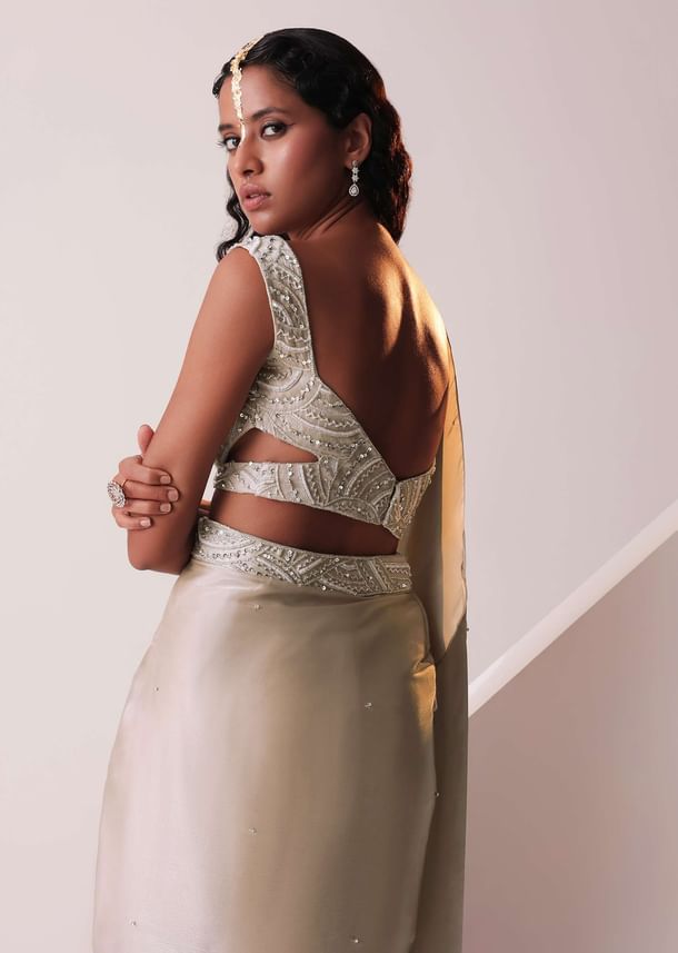 Glam Silver Embroidered Ready-To-Wear Saree In Organza Glam Silver Embroidered Ready-To-Wear Saree In Organza