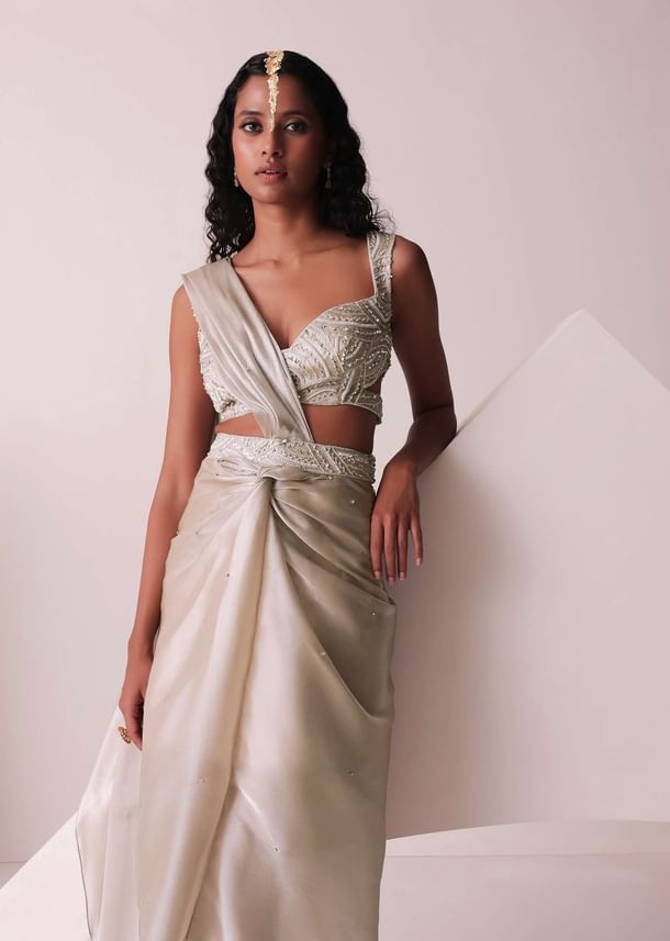 Glam Silver Embroidered Ready-To-Wear Saree In Organza Glam Silver Embroidered Ready-To-Wear Saree In Organza