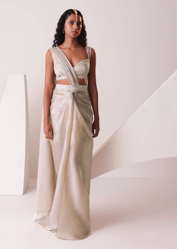 Glam Silver Embroidered Ready-To-Wear Saree In Organza Glam Silver Embroidered Ready-To-Wear Saree In Organza