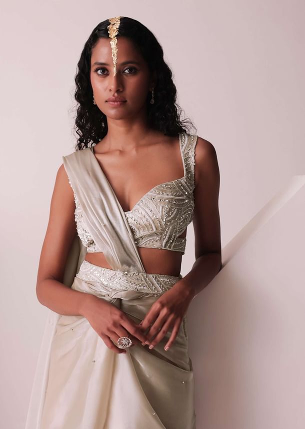 Glam Silver Embroidered Ready-To-Wear Saree In Organza Glam Silver Embroidered Ready-To-Wear Saree In Organza