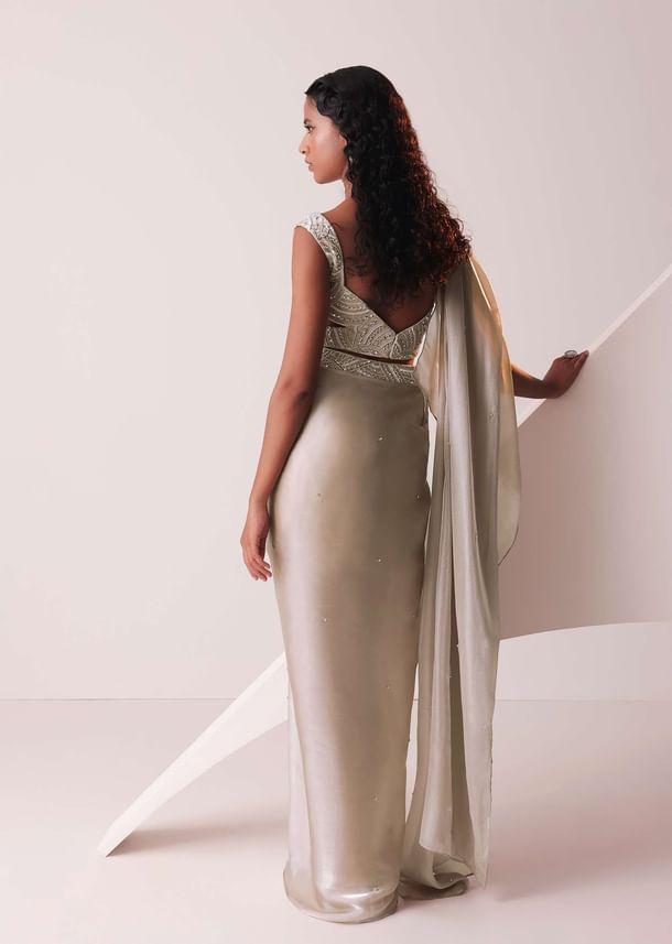 Glam Silver Embroidered Ready-To-Wear Saree In Organza Glam Silver Embroidered Ready-To-Wear Saree In Organza
