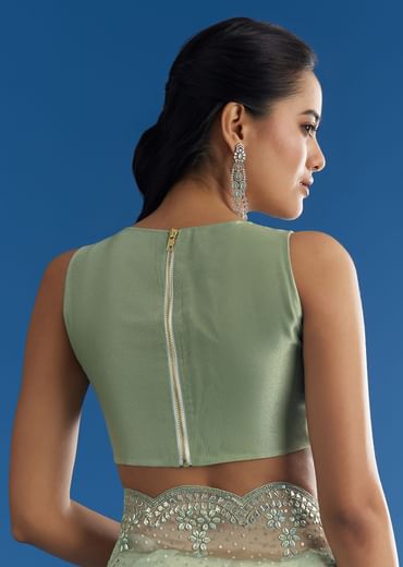 Green Glass Tissue Saree With All Over Cutdana And Sequins Embroidery