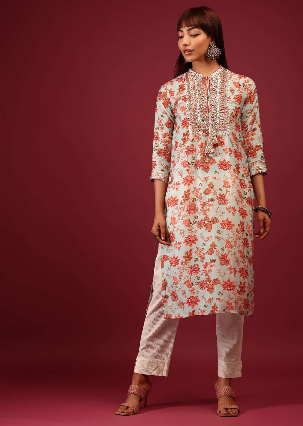 Powder Blue Floral Print Cotton Kurta In Straight Cut With Gotta Work Embroidered Bodice