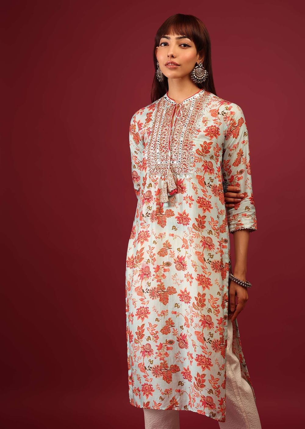 Powder Blue Floral Print Cotton Kurta In Straight Cut With Gotta Work Embroidered Bodice