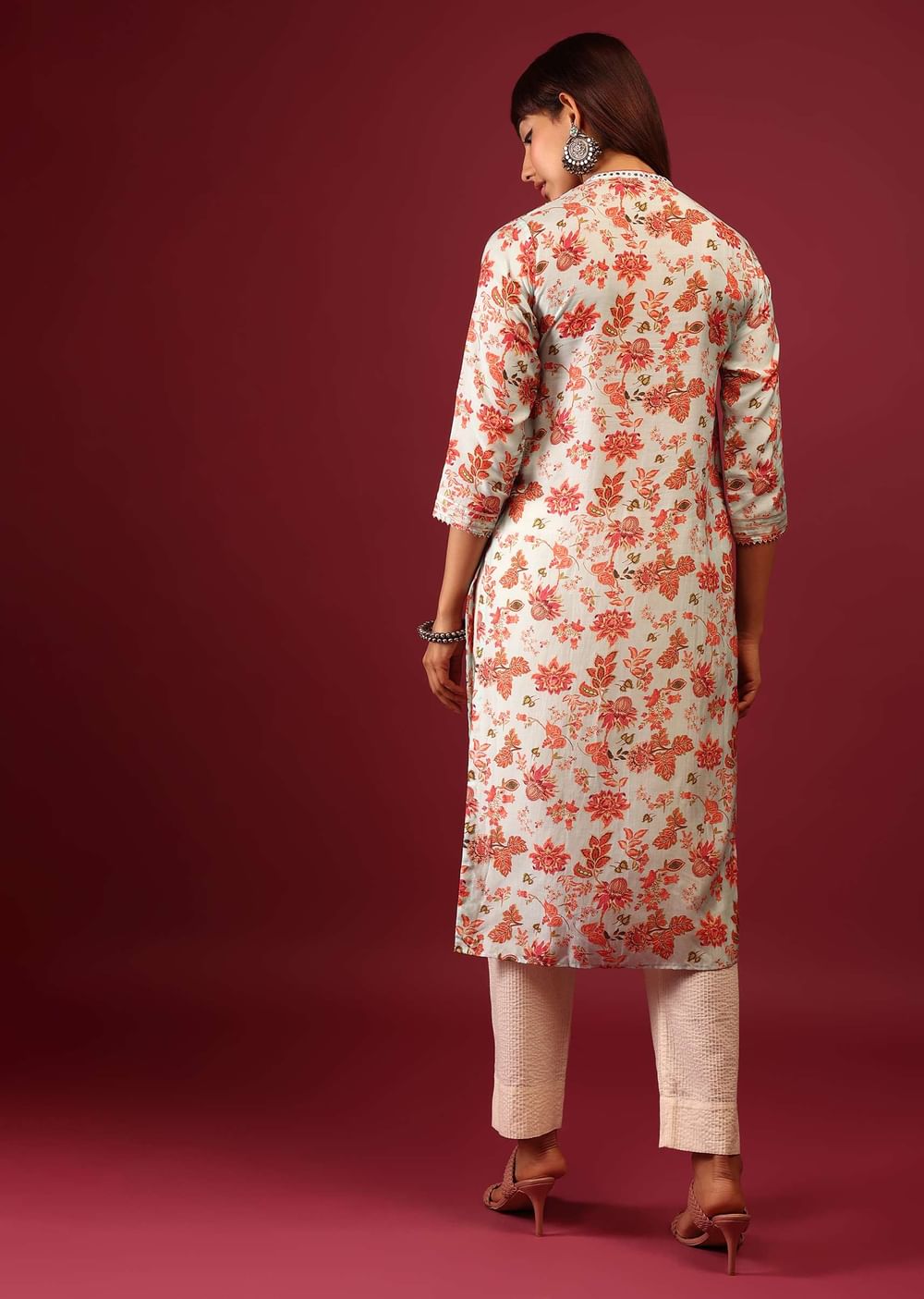 Powder Blue Floral Print Cotton Kurta In Straight Cut With Gotta Work Embroidered Bodice