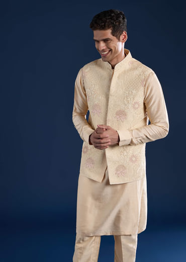 Gold Art Silk Jacket Kurta Set with Dori Work