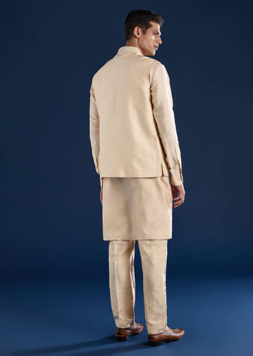 Gold Art Silk Jacket Kurta Set with Dori Work