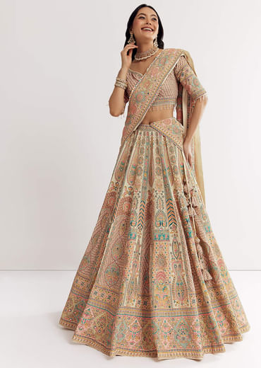 Gold Beige Georgette Printed Lehenga With Cutdana And Stone Work