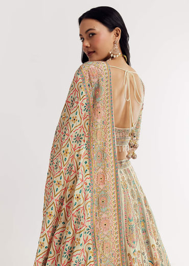 Gold Beige Georgette Printed Lehenga With Cutdana And Stone Work