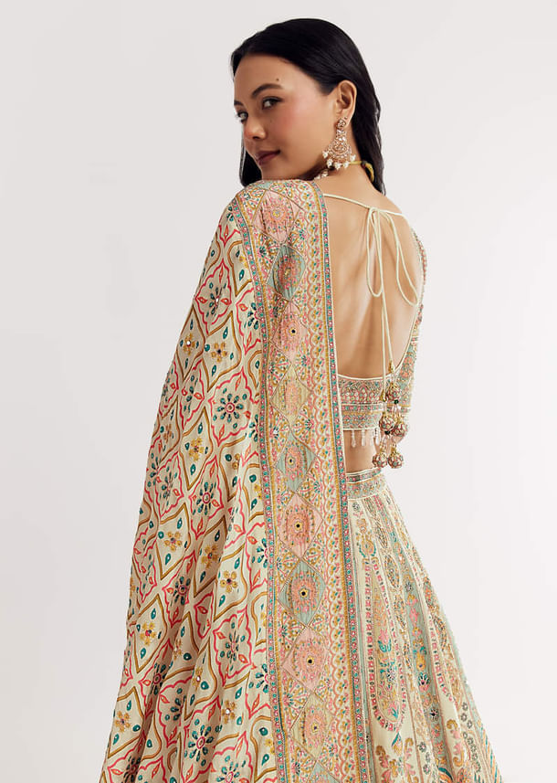 Gold Beige Georgette Printed Lehenga With Cutdana And Stone Work