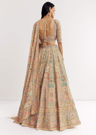 Gold Beige Georgette Printed Lehenga With Cutdana And Stone Work