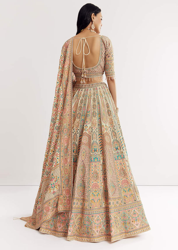 Gold Beige Georgette Printed Lehenga With Cutdana And Stone Work