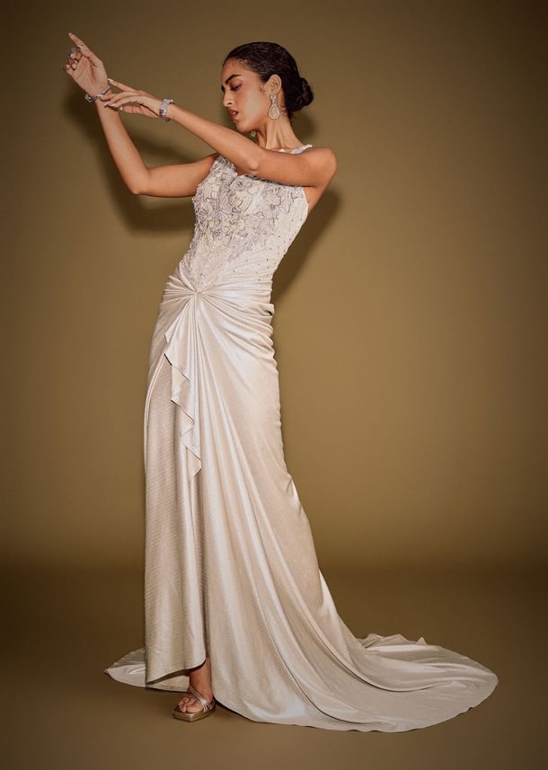 Gold Corset Embellished Gown With Sheer Drape And 3D Floral Detailing