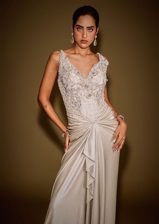Gold Corset Embellished Gown With Sheer Drape And 3D Floral Detailing