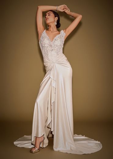 Gold Corset Embellished Gown With Sheer Drape And 3D Floral Detailing