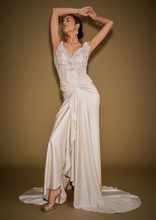 Gold Corset Embellished Gown With Sheer Drape And 3D Floral Detailing