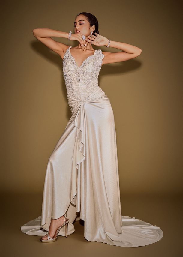Gold Corset Embellished Gown With Sheer Drape And 3D Floral Detailing