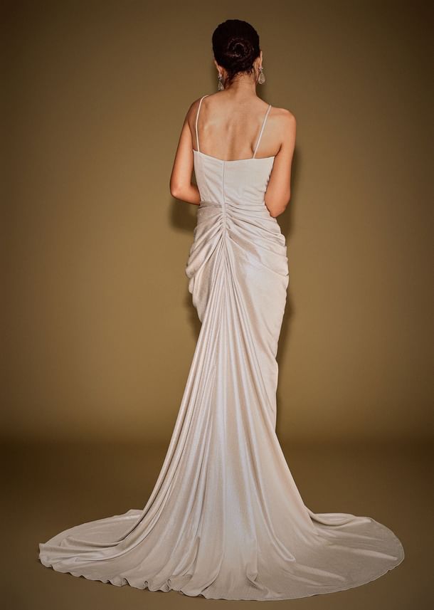 Gold Corset Embellished Gown With Sheer Drape And 3D Floral Detailing