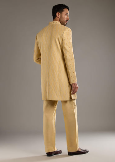 Gold Cotton Silk Indo Western Set For Men With Zari Embroidery