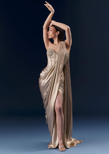 Gold Crepe Crop Top And Drape Skirt Set With Embroidery