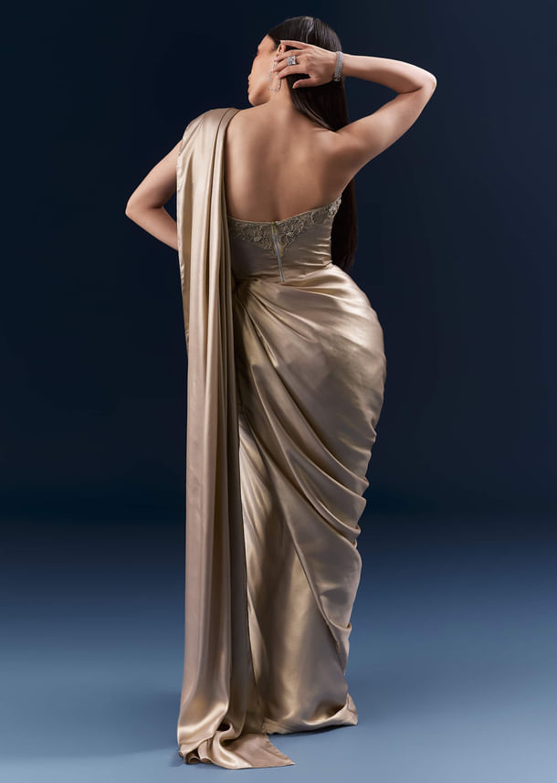 Gold Crepe Crop Top And Drape Skirt Set With Embroidery Gold Crepe Crop Top And Drape Skirt Set With Embroidery