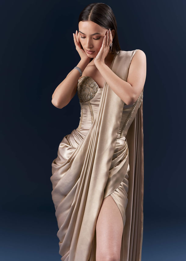 Gold Crepe Crop Top And Drape Skirt Set With Embroidery Gold Crepe Crop Top And Drape Skirt Set With Embroidery