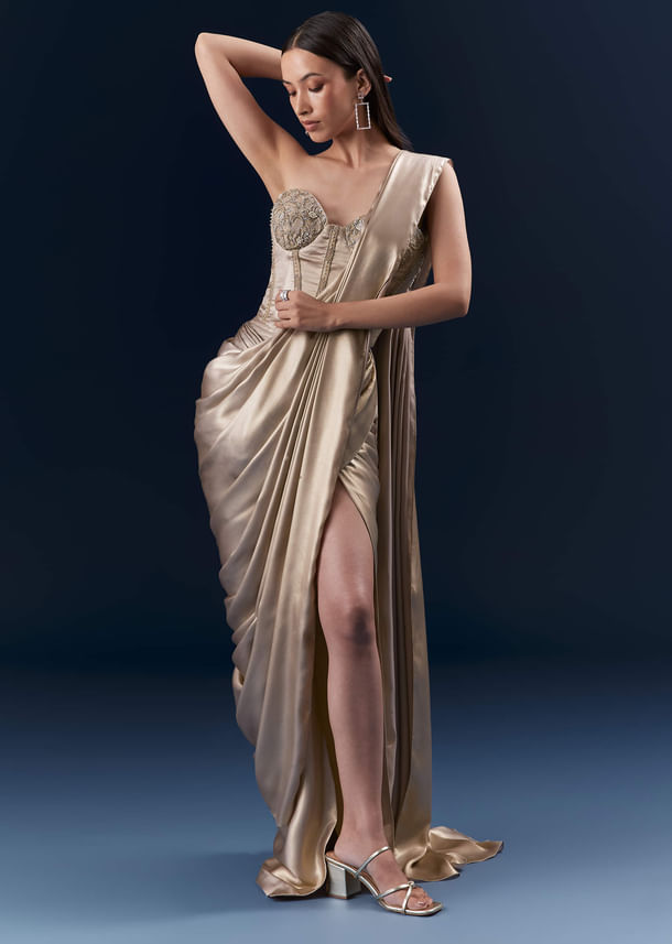 Gold Crepe Crop Top And Drape Skirt Set With Embroidery Gold Crepe Crop Top And Drape Skirt Set With Embroidery