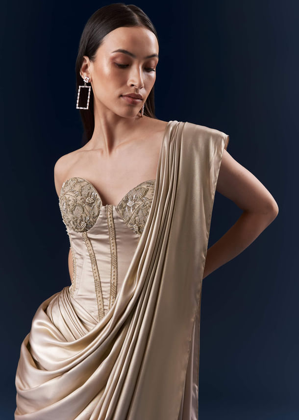 Gold Crepe Crop Top And Drape Skirt Set With Embroidery Gold Crepe Crop Top And Drape Skirt Set With Embroidery