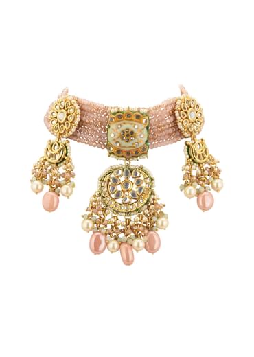 Gold-Finish Kundan Choker Necklace Set With Multicolor Meenakari Work In Mix Metal