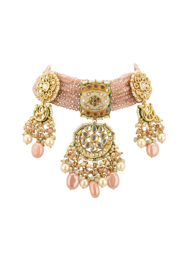 Gold-Finish Kundan Choker Necklace Set With Multicolor Meenakari Work In Mix Metal